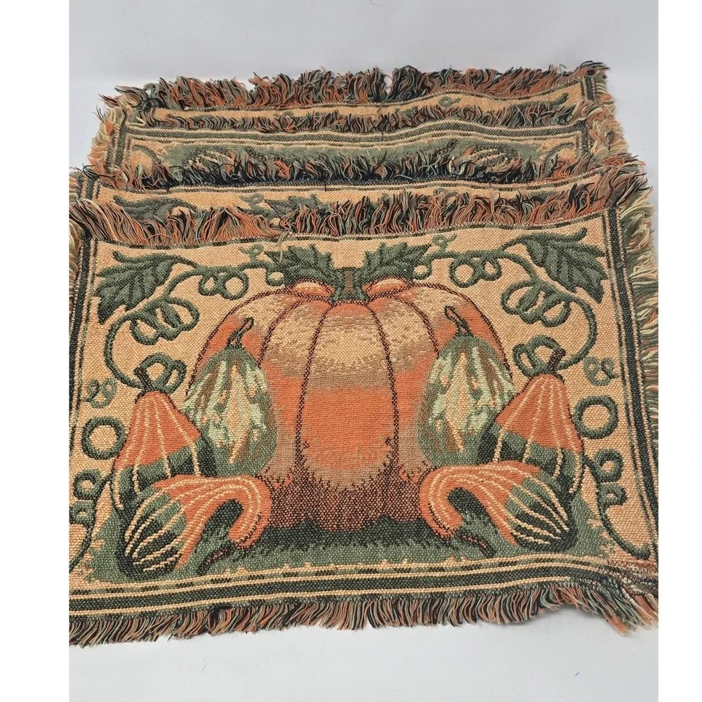 Vtg tapestry Autumn pumpkin placemats Thanksgiving harvest woven table linens